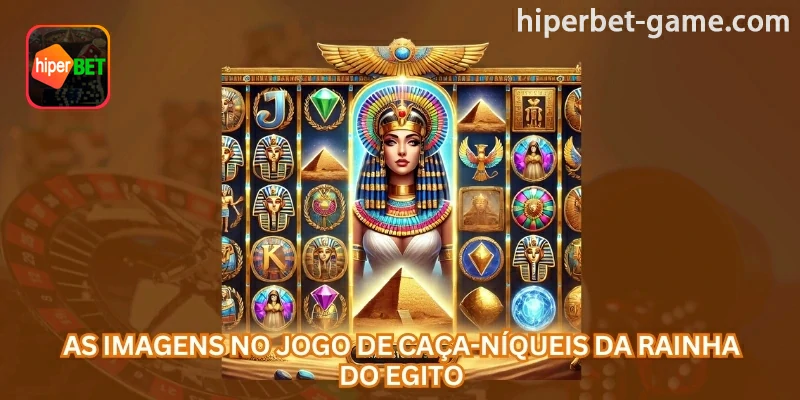 Imagem explicativa: Os símbolos de Rainha do Egito incluem ícones comuns e recursos especiais, como Wild, Bonus, Jackpot e giros grátis; para conferir antes dos giros